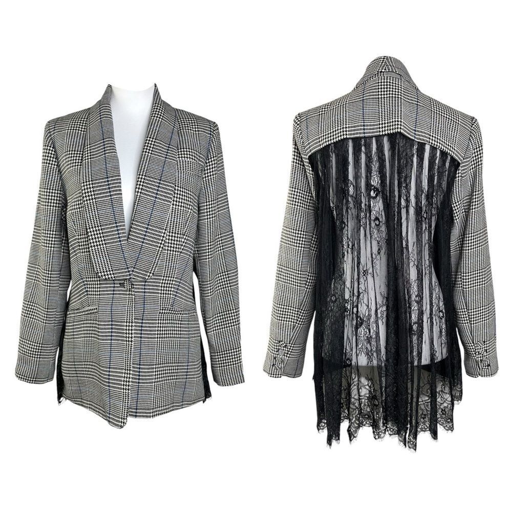 Self-Portrait Black and White Plaid Blazer with Lace Back